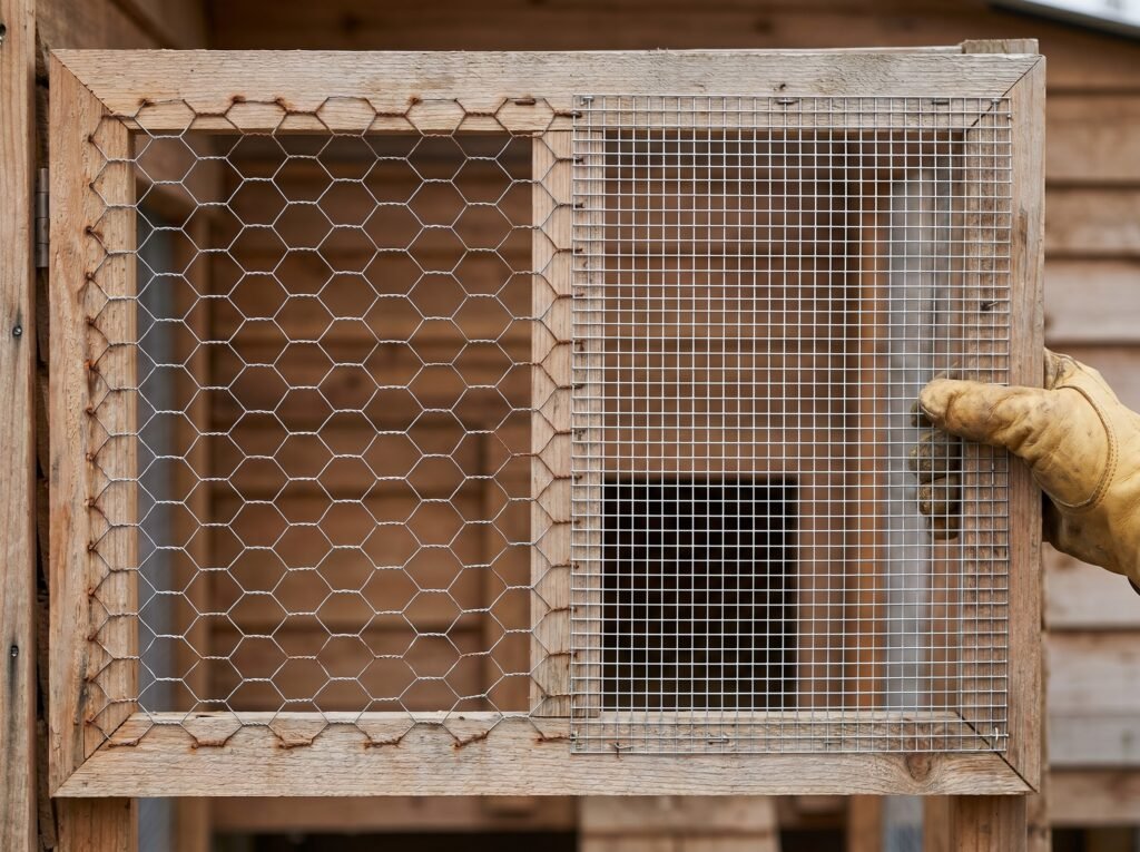 comparison of chicken wire and hardware cloth mesh panels on a compact coop side