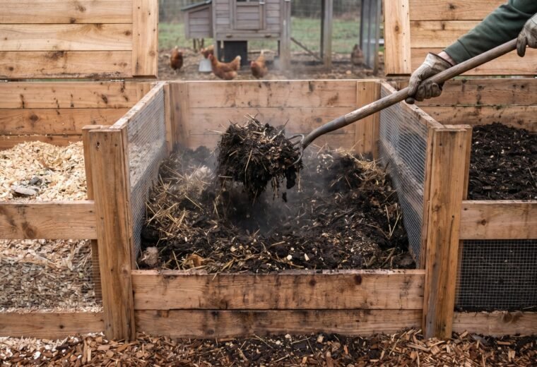 three-bin backyard composting system for chicken manure with steaming active pile