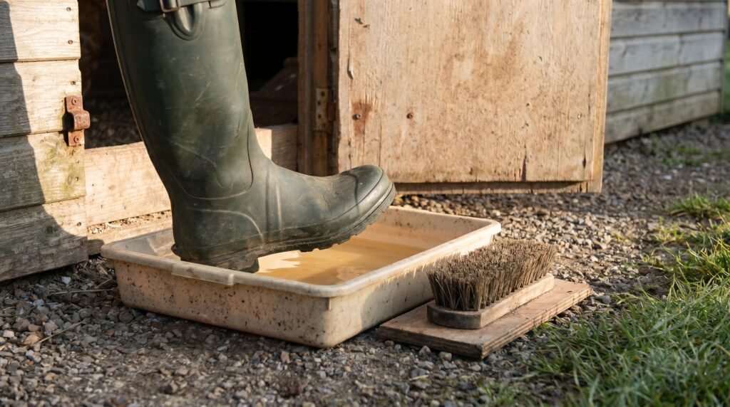 Rubber boot stepping into a biosecurity disinfectant foot dip at the backyard chicken coop entrance