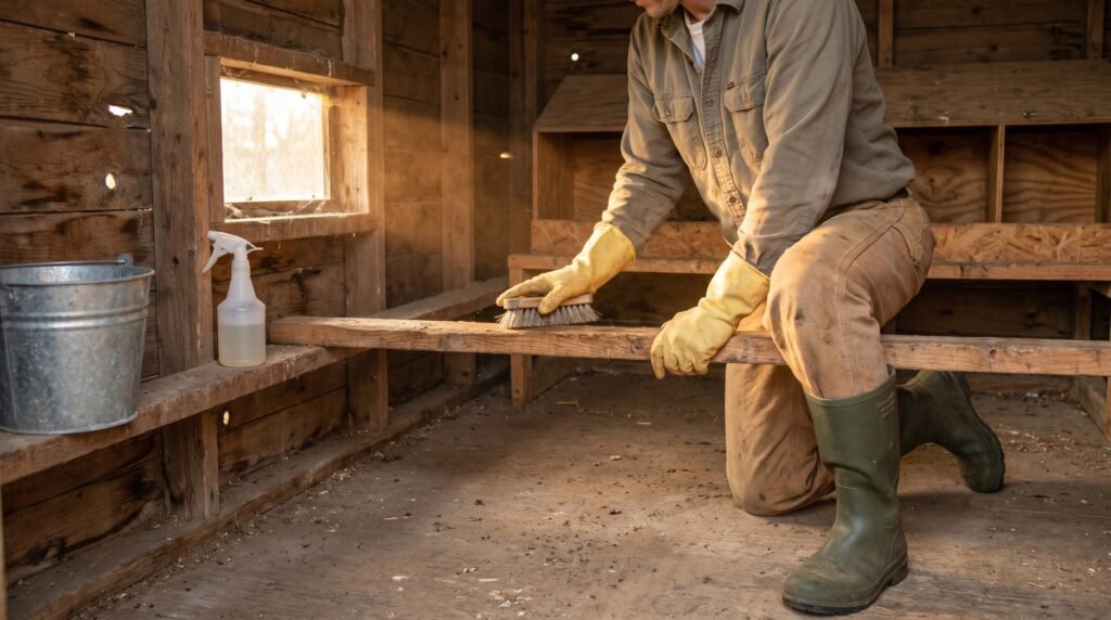 person in gloves scrubbing chicken coop roost bar during mite treatment