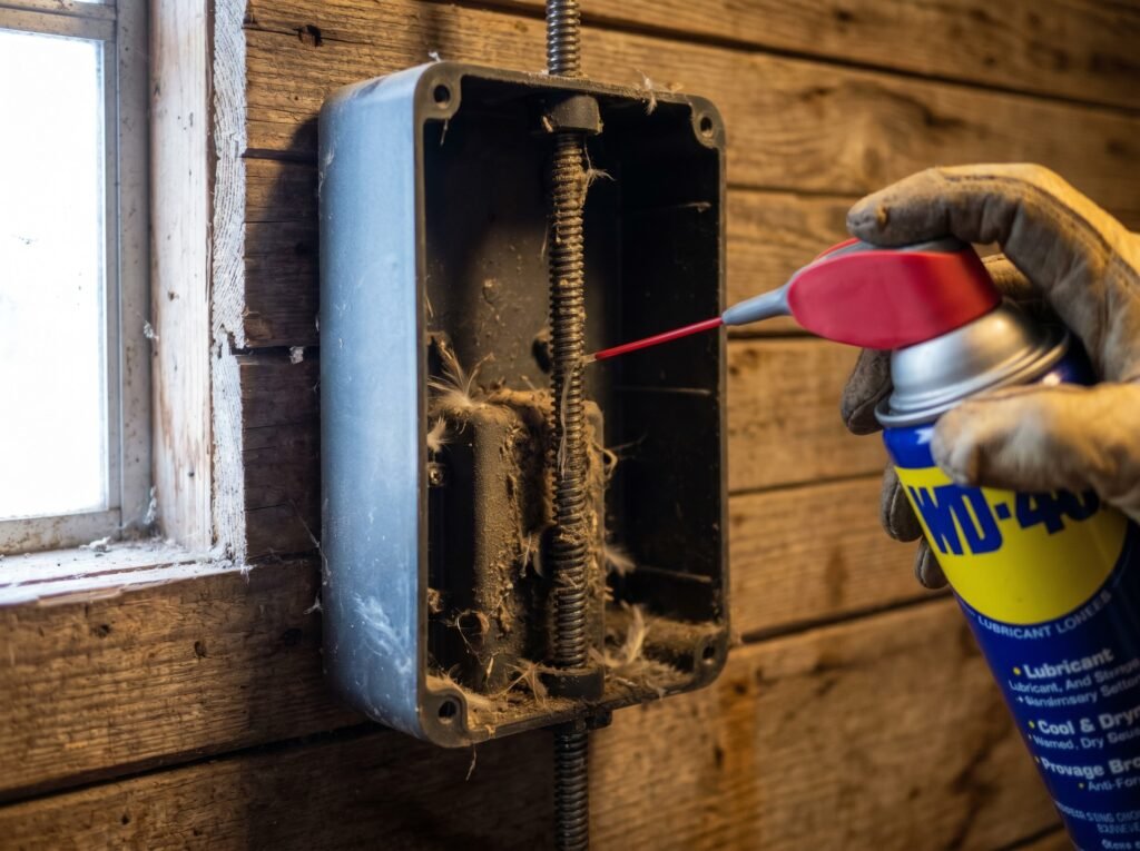 Cleaning feather dust from automatic coop door worm drive with lubricant spray