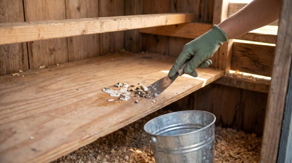 Gloved hand scraping chicken droppings from a drop board beneath the roost bar each morning