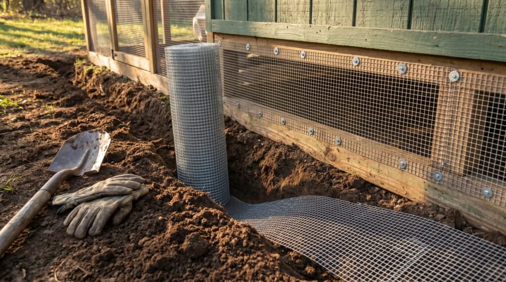 Hardware cloth L-shaped apron being installed in a trench around a chicken coop run to stop digging predators
