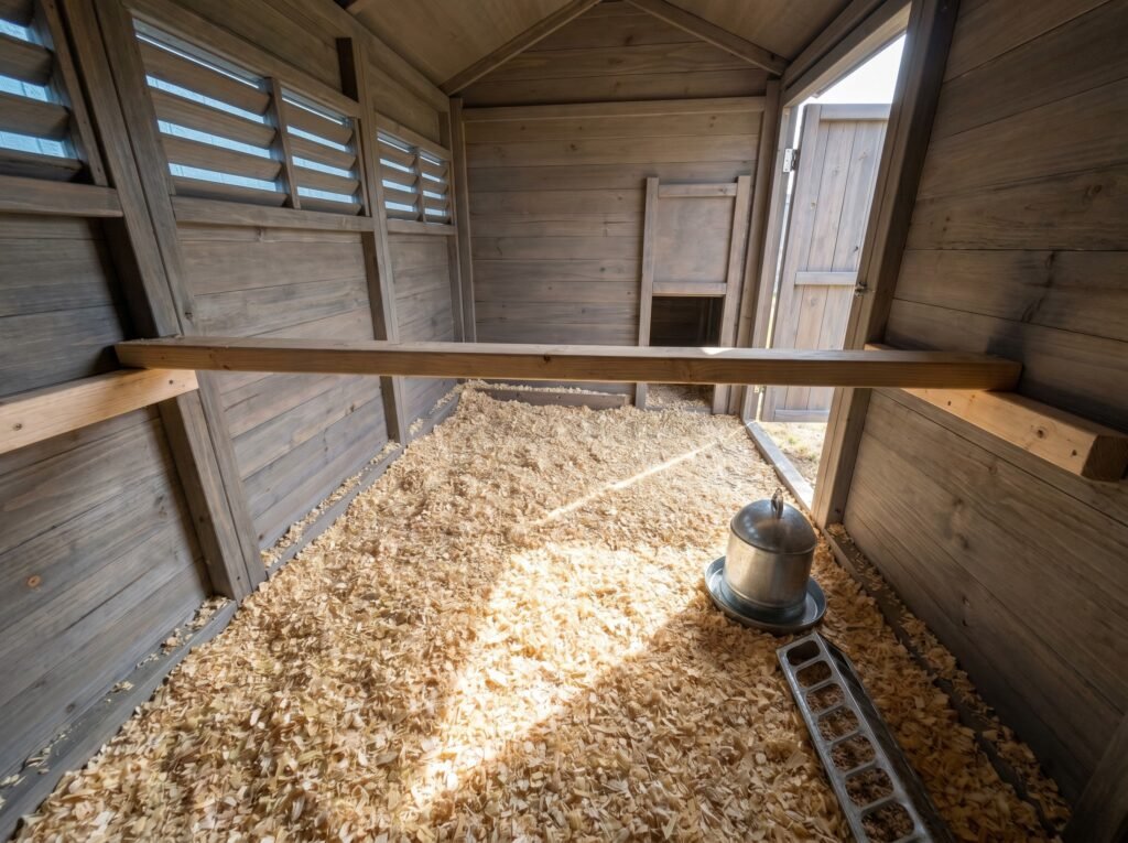 clean chicken coop interior with fresh pine shavings, a roost bar, and chick-height waterer ready for young pullets