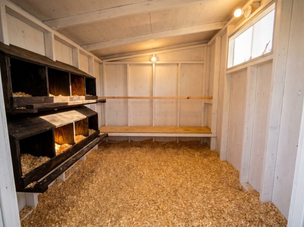 Clean chicken coop interior showing roost bars mounted above nest boxes and pine shaving litter