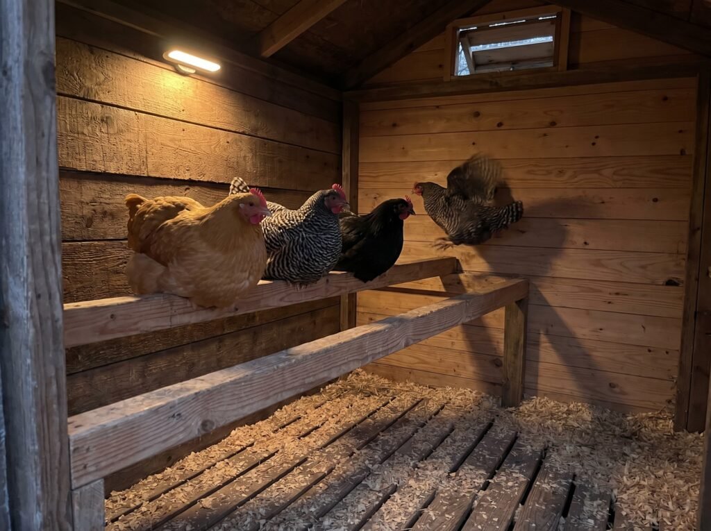 three hens roosting on flat 2x4 bars inside a chicken coop in winter