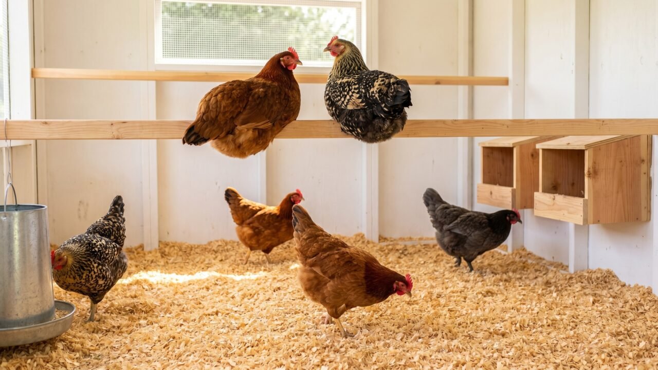 Six hens in a roomy backyard coop interior with adequate space per chicken