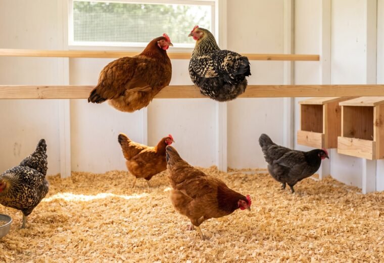 Six hens in a roomy backyard coop interior with adequate space per chicken