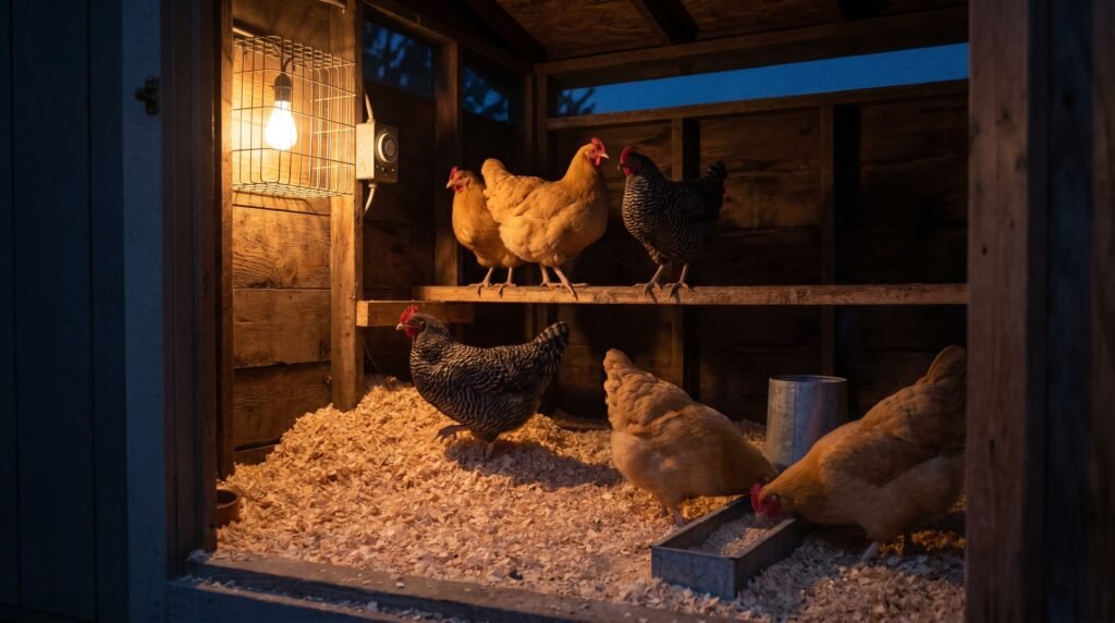 backyard coop interior with warm supplemental light on timer before sunrise, hens active