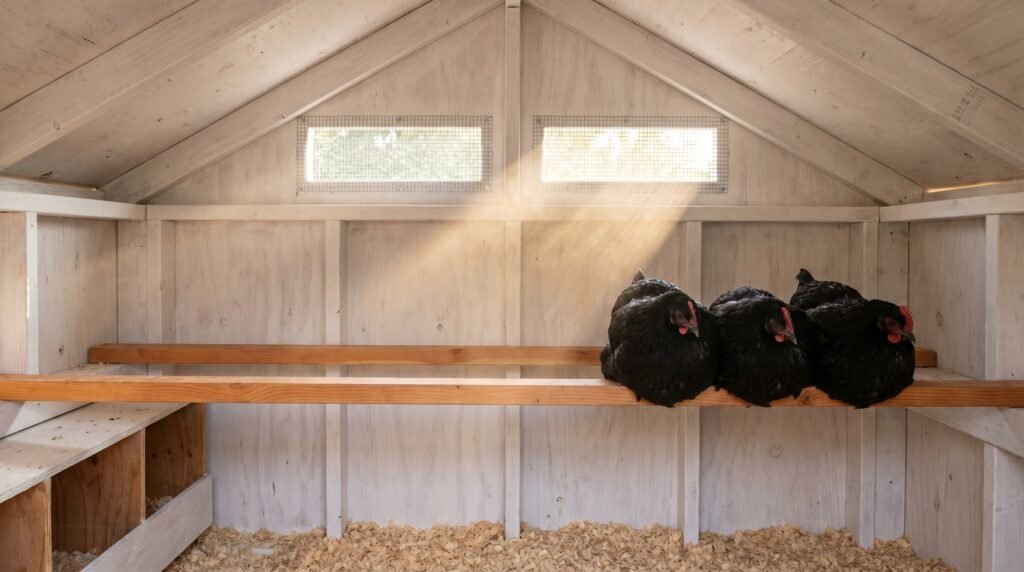 Chicken coop interior showing high-placed ventilation vents above roost bars for correct airflow