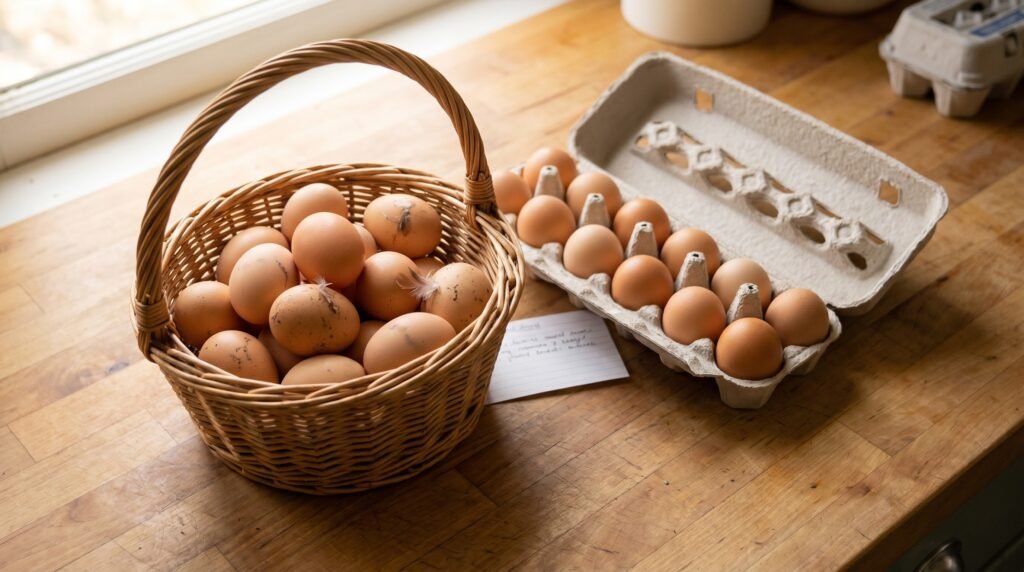 Fresh brown eggs in a wicker basket beside an open egg carton on a wooden kitchen counter