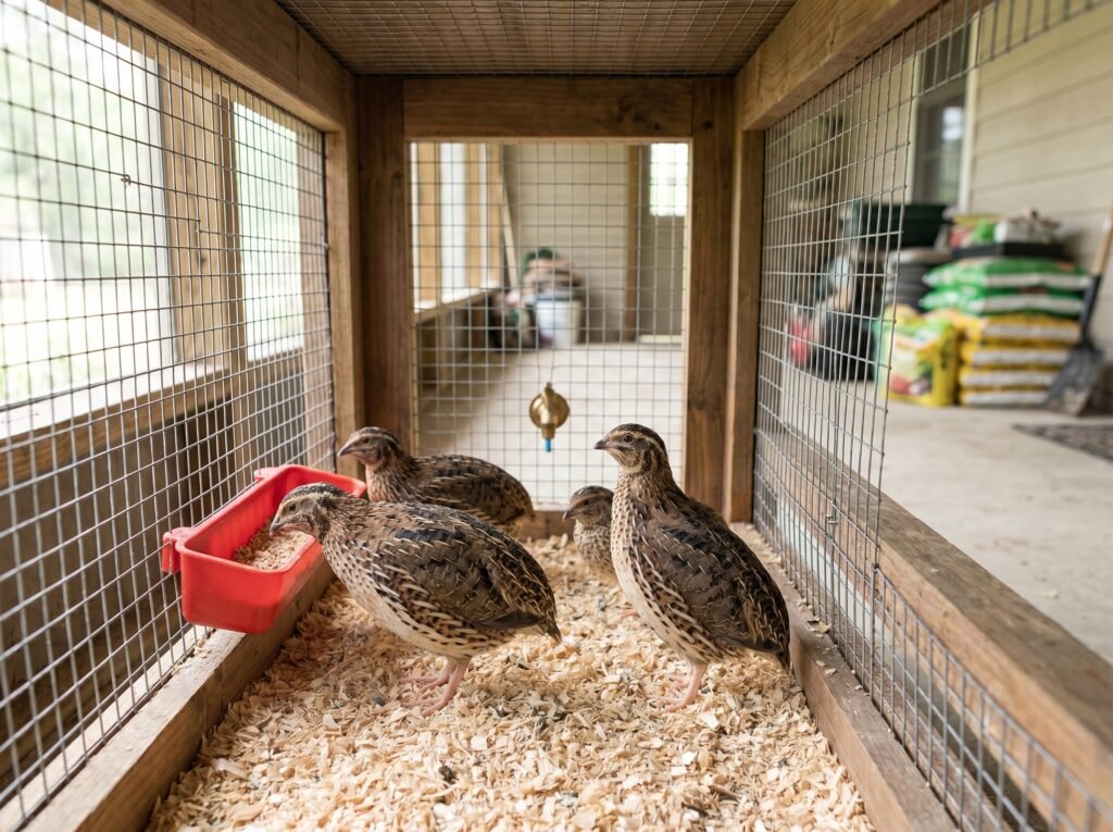 Small coturnix quail in a compact wire cage with litter floor and trough feeder