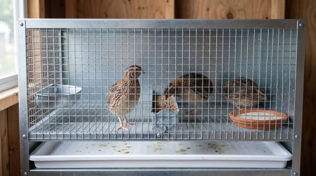 low-profile wire-floor coturnix quail cage showing 1/2-inch hardware cloth and pull-out droppings tray