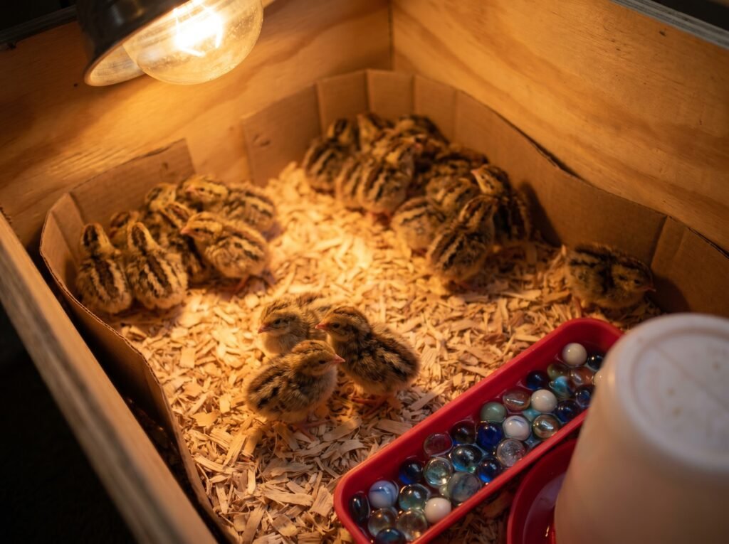 Tiny day-old coturnix quail chicks in a brooder box next to a marble-filled waterer to prevent drowning
