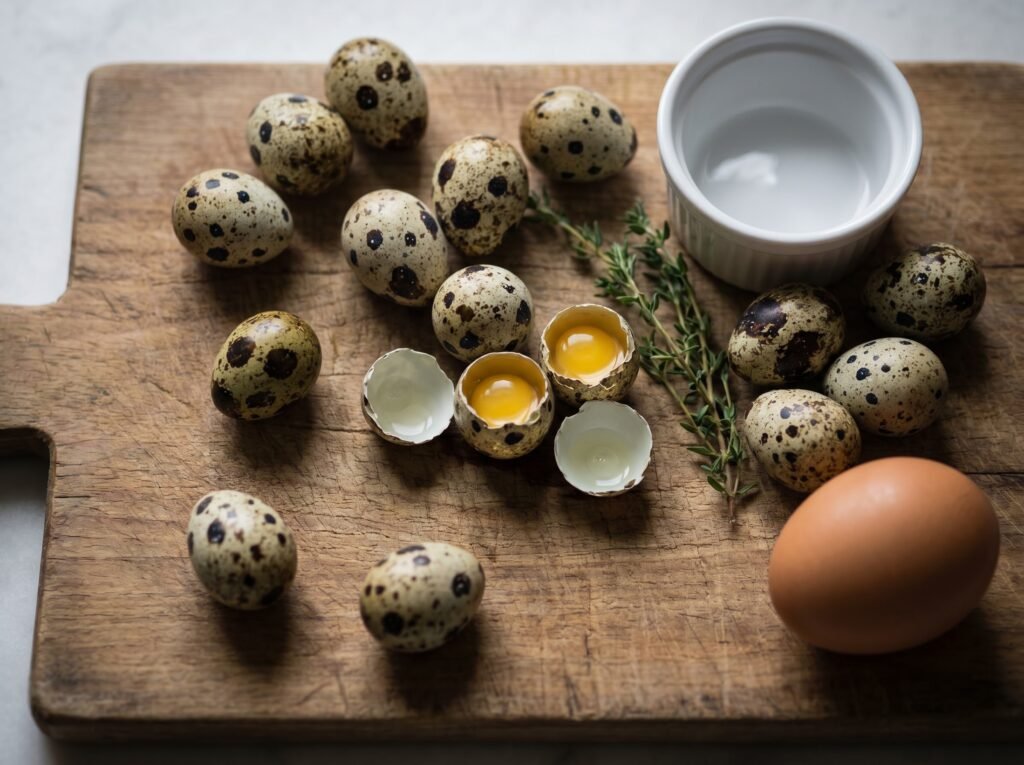 Speckled coturnix quail eggs arranged next to a chicken egg to show size difference