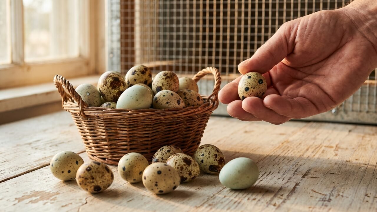 Coturnix quail eggs in a wicker basket on a wooden farm table, one held in a hand showing small size