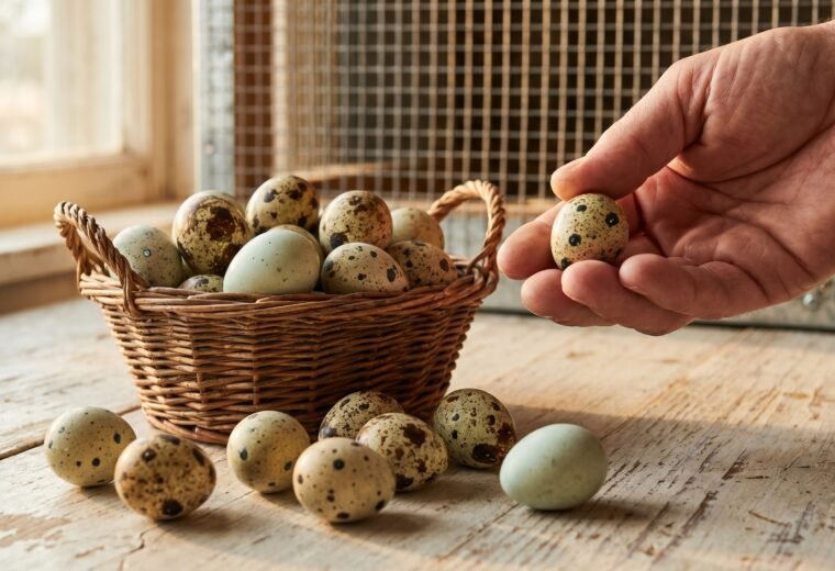 Coturnix quail eggs in a wicker basket on a wooden farm table, one held in a hand showing small size