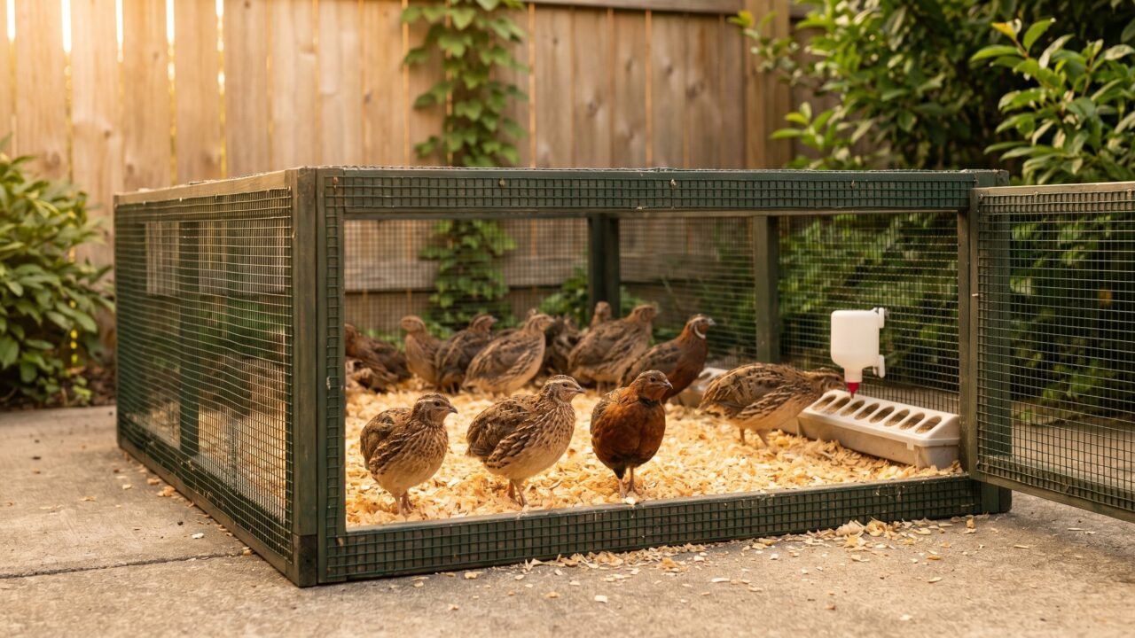 Flock of coturnix quail foraging in a compact hardware-cloth ground pen on pine shavings