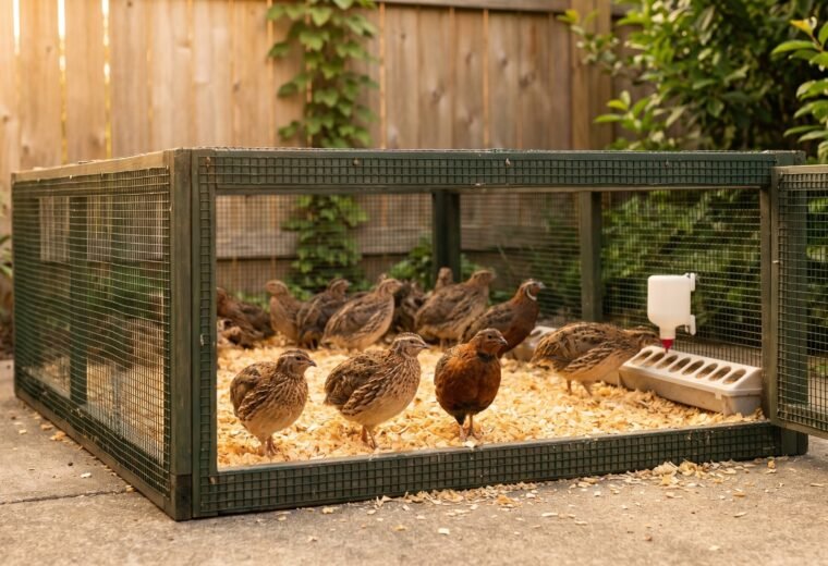 Flock of coturnix quail foraging in a compact hardware-cloth ground pen on pine shavings