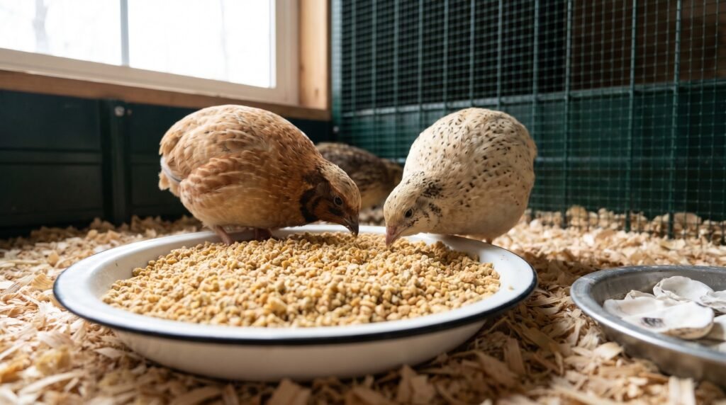 Adult coturnix quail male and female feeding from a dish of high-protein game bird starter crumble