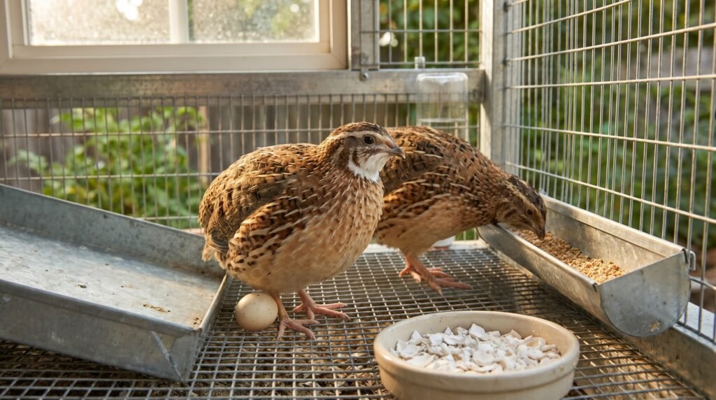 Female coturnix quail standing over a freshly laid speckled egg on a wire cage floor