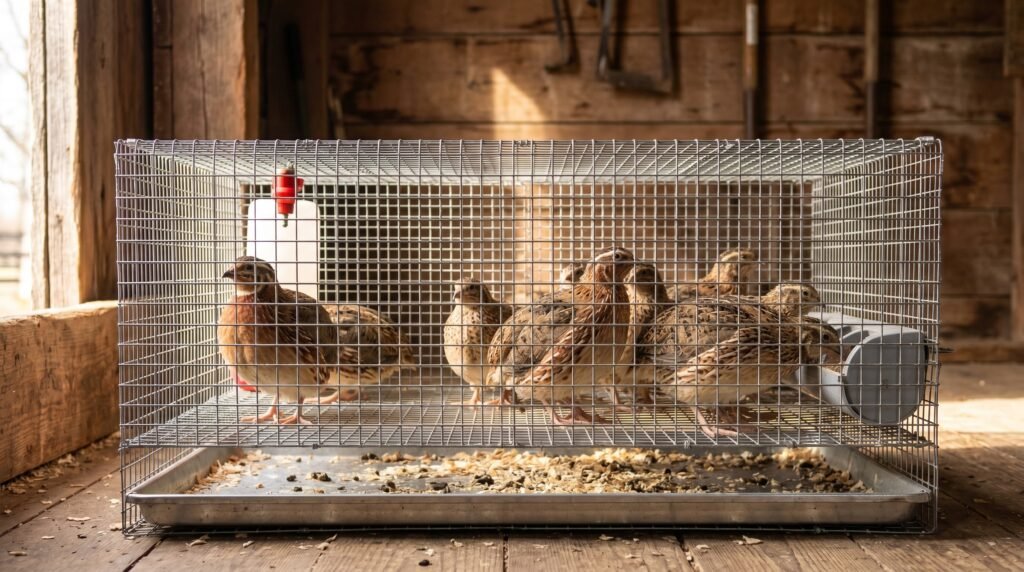 Coturnix quail colony housed in a compact wire-floored pen showing proper small-flock density