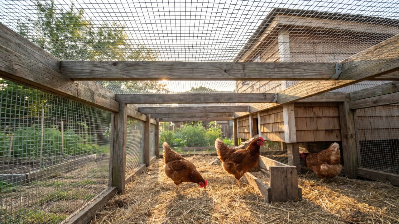 galvanized hardware cloth roof on a backyard chicken run with hens foraging below