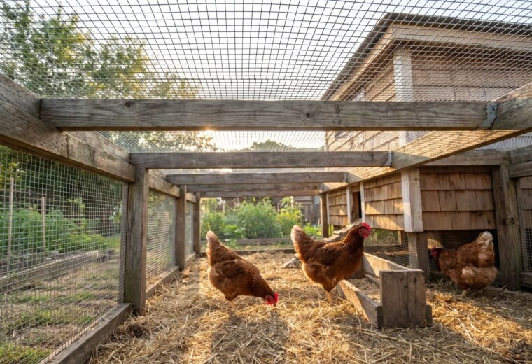 galvanized hardware cloth roof on a backyard chicken run with hens foraging below