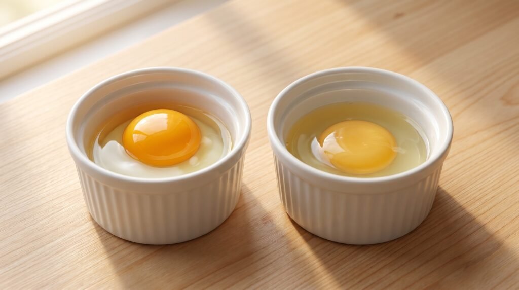 Fresh egg next to old egg cracked open in white ramekins showing yolk height difference