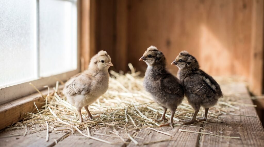 Cream Legbar day-old chicks showing darker female and paler male down for autosexing comparison