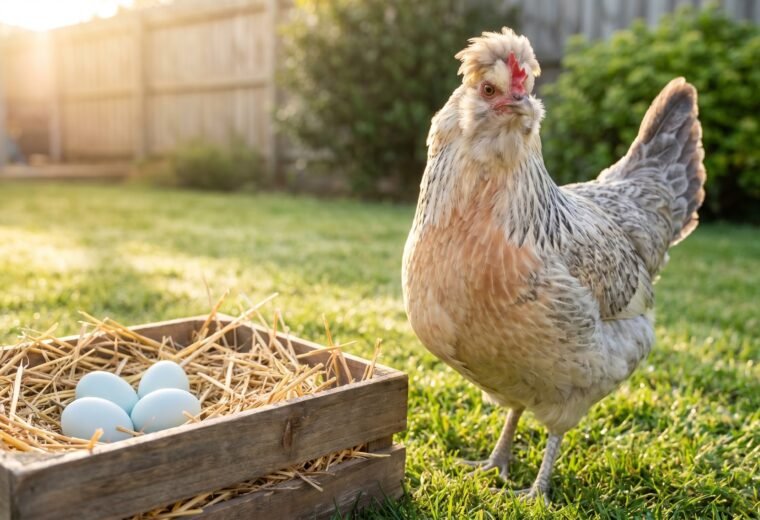 Cream Legbar hen with small feather crest standing beside pale blue eggs on straw
