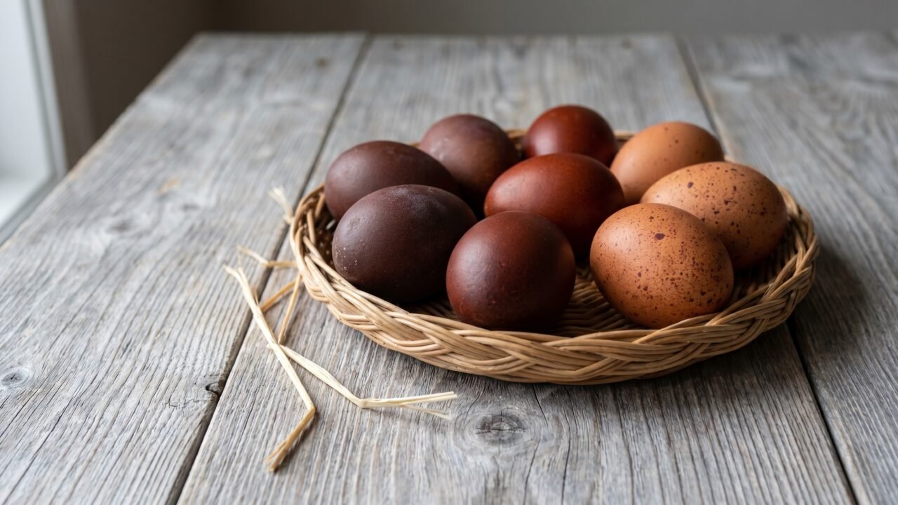Seven dark brown eggs in a woven basket showing chocolate, mahogany, and speckled terracotta shells