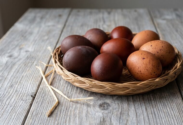Seven dark brown eggs in a woven basket showing chocolate, mahogany, and speckled terracotta shells