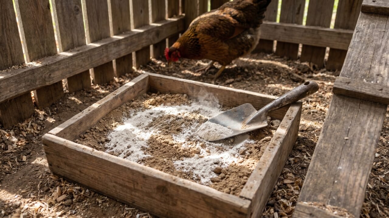 food-grade diatomaceous earth being mixed into a backyard chicken dust bath container