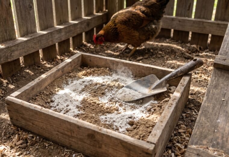 food-grade diatomaceous earth being mixed into a backyard chicken dust bath container