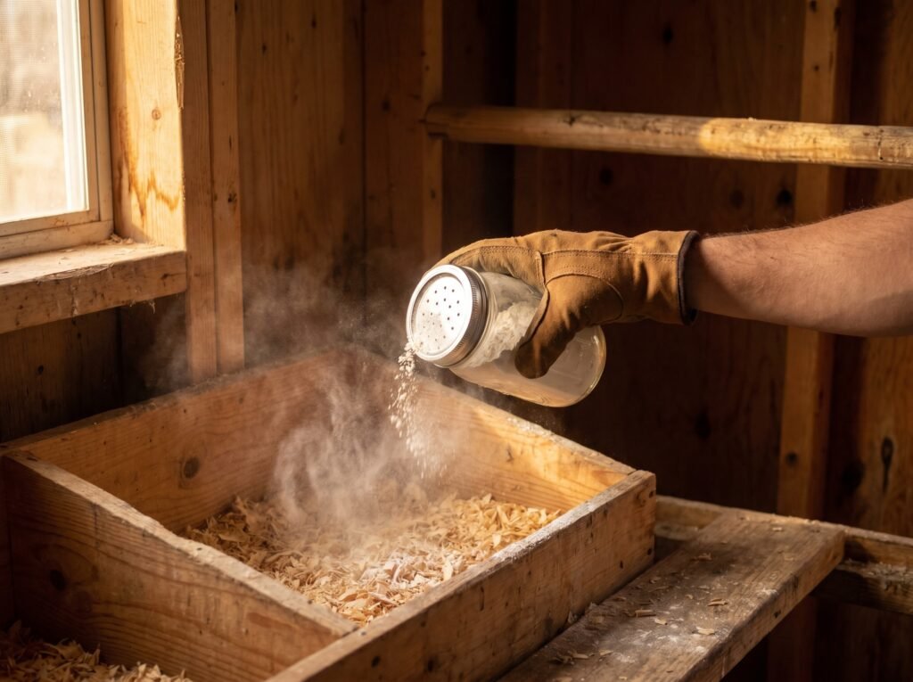 gloved hand dusting diatomaceous earth into a wooden chicken nesting box corner