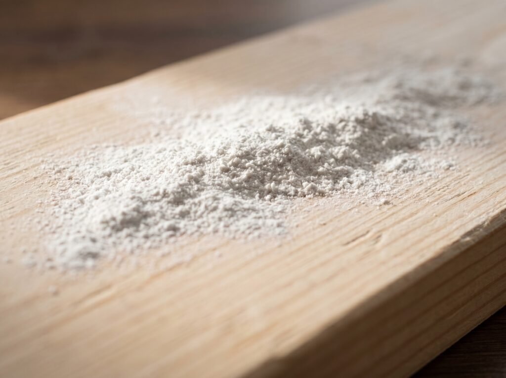 close-up of food-grade diatomaceous earth powder showing fine white chalky texture