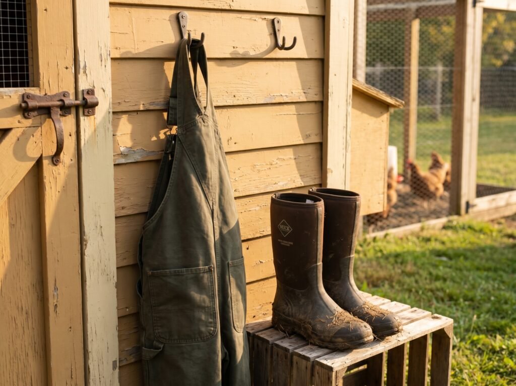 dedicated coop work clothes and rubber boots hung outside chicken coop door