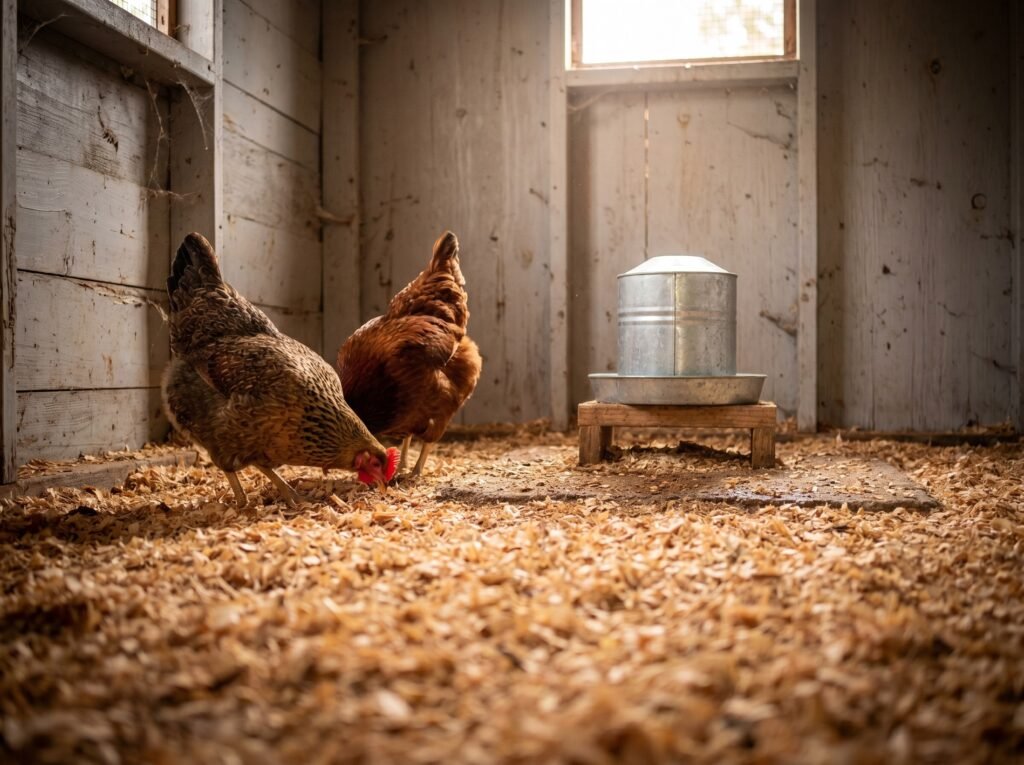 Ground-level view of deep litter coop floor showing hens pecking near waterer