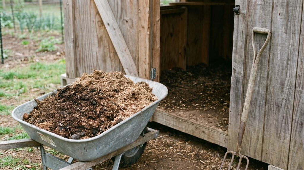 Wheelbarrow filled with composted deep litter being removed from a chicken coop during annual cleanout
