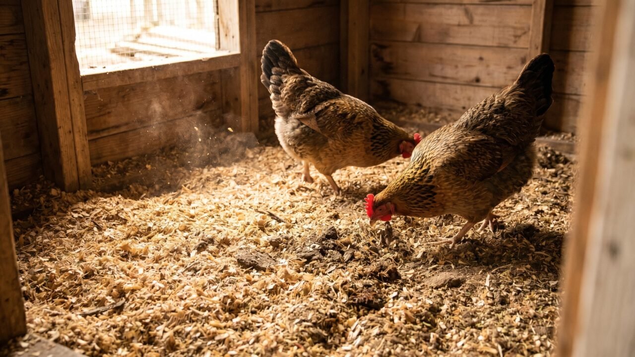 Thick dry pine shavings covering a backyard chicken coop floor using the deep litter method