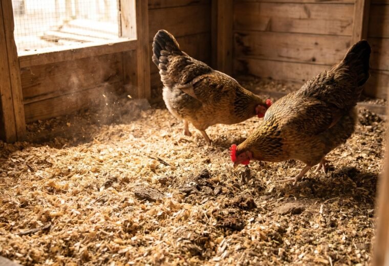 Thick dry pine shavings covering a backyard chicken coop floor using the deep litter method