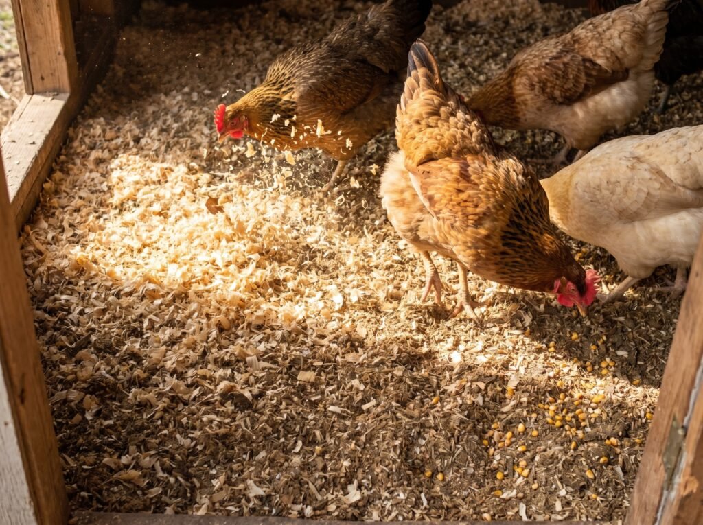 Backyard hen scratching and turning pine shaving deep litter to aerate the coop floor