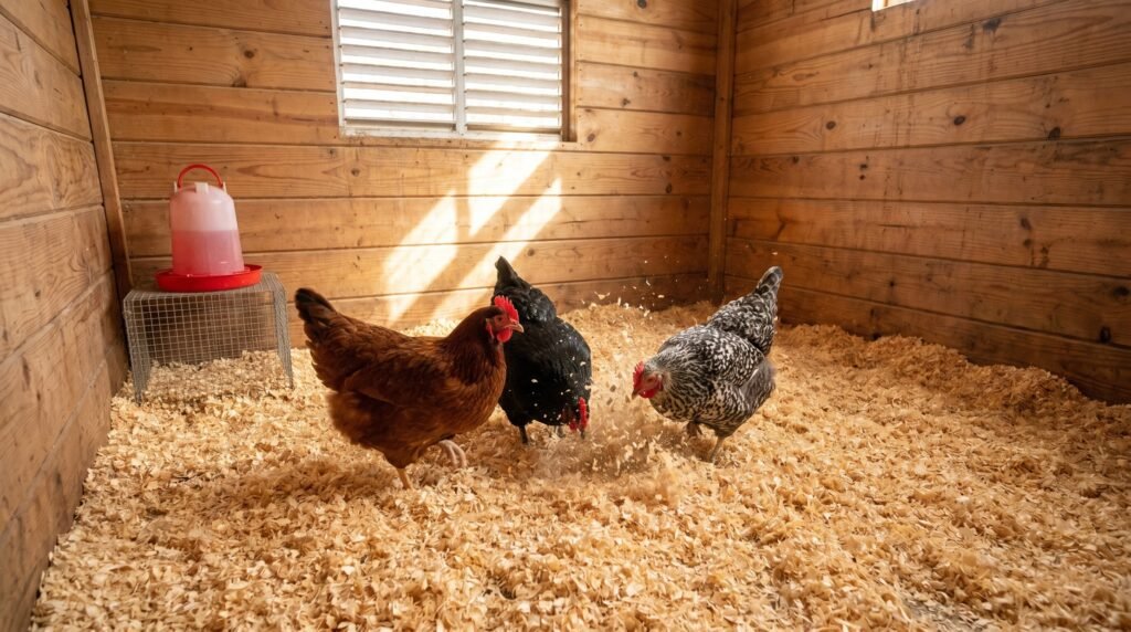 Dry deep pine shaving litter inside a well-ventilated backyard chicken coop