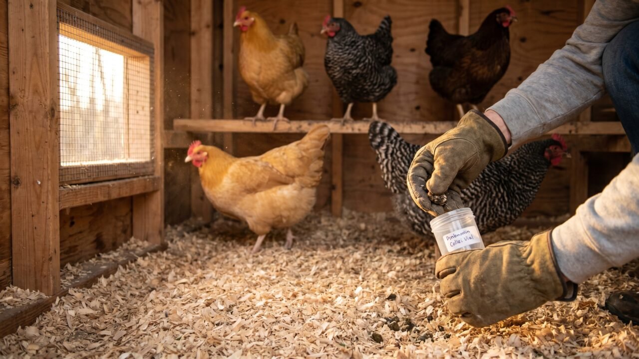 Gloved hand collecting a chicken fecal sample from coop floor for worm testing