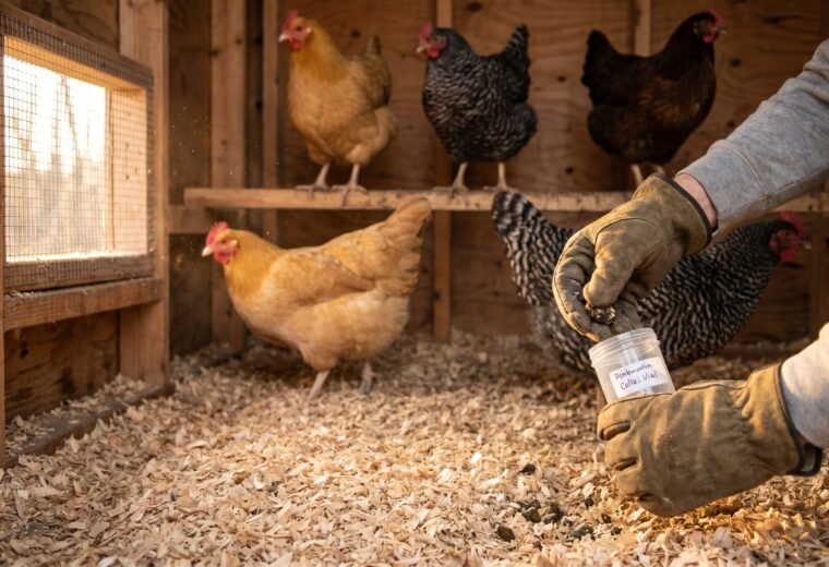 Gloved hand collecting a chicken fecal sample from coop floor for worm testing