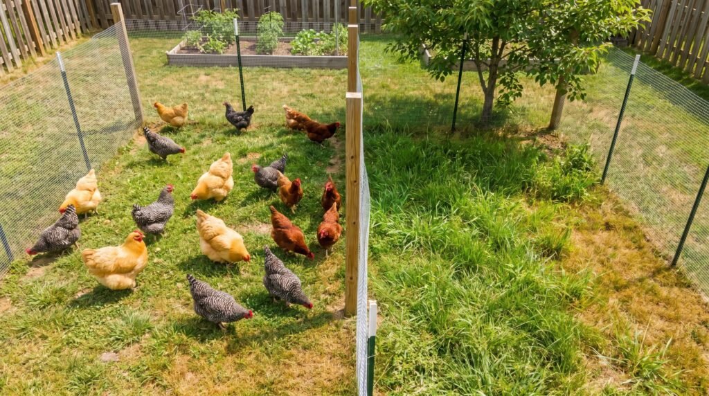Backyard chicken run divided into two sections for pasture rotation to reduce worms