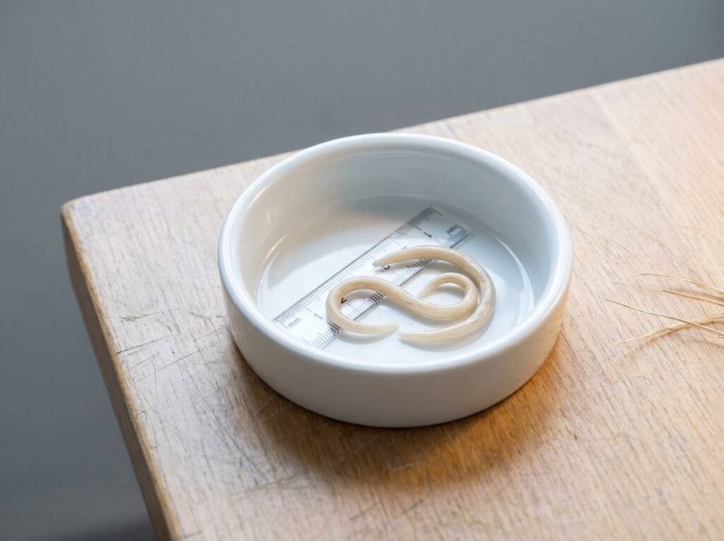 Preserved chicken roundworms in a lab dish beside a ruler showing their length