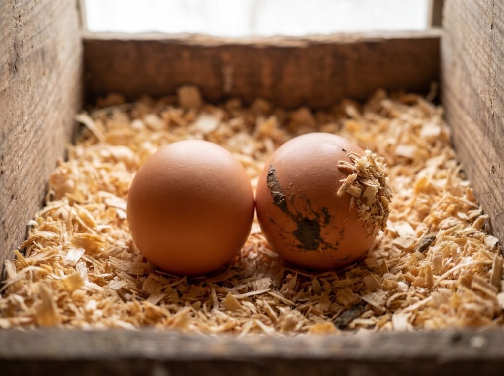 One clean egg beside a dirty soiled egg in a wooden nest box on pine shavings