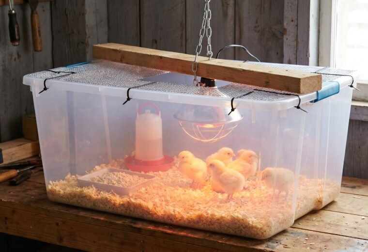 DIY tote brooder box with hardware cloth ventilation lid and chicks inside under heat lamp